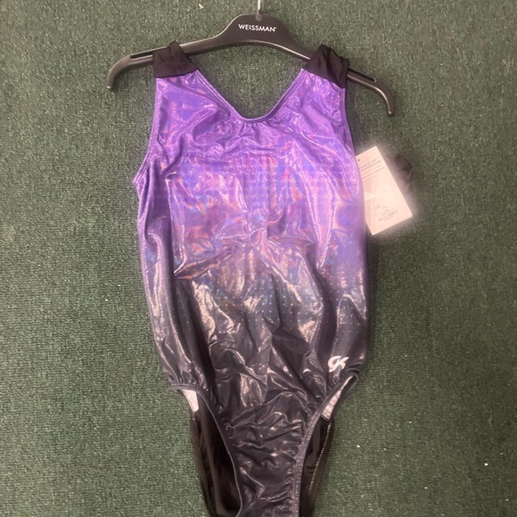 NWT purple and black BRANDED V-Neck Workout Leotard Style #3858 - Picture 3 of 13